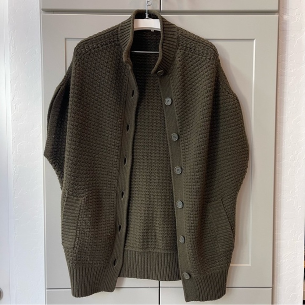 Vince Wool Blend Chunky Knit Cardigan Longline Sweater Top Size XS Olive Green